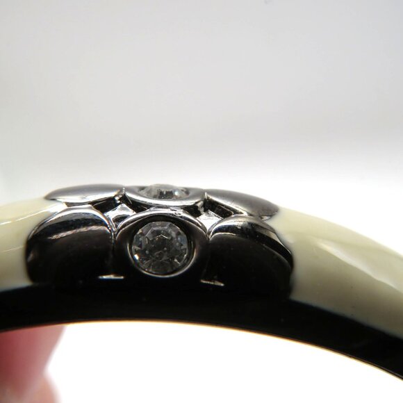 Enamel Bracelet Cream Gun Metal Gray Hinged Bangle Clear Rhinestone Accents - Picture 10 of 12